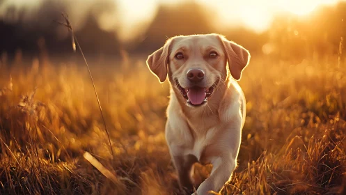 Golden retriever runs through backlit sunset meadow glow.
