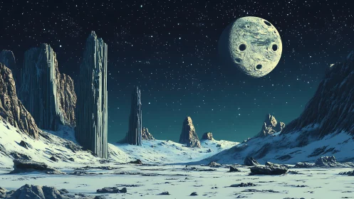 Frozen alien valley beneath a cratered sentinel moon.