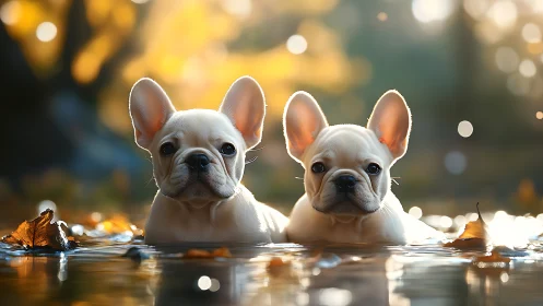 Paddle Pals: Frenchie Puppies Soaking In Golden Light.