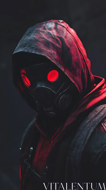Hooded figure in gas mask with red glowing goggles.