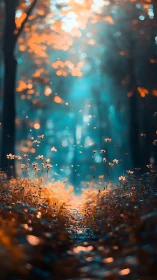 Glowing forest path captures luminous flowers and drifting light