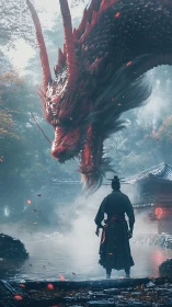 Samurai confronts a colossal dragon above a misty shrine.