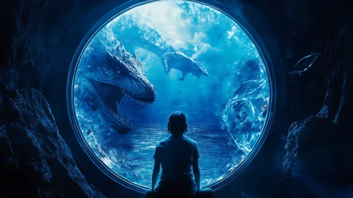 Human figure observing large aquatic dragon-like creatures.