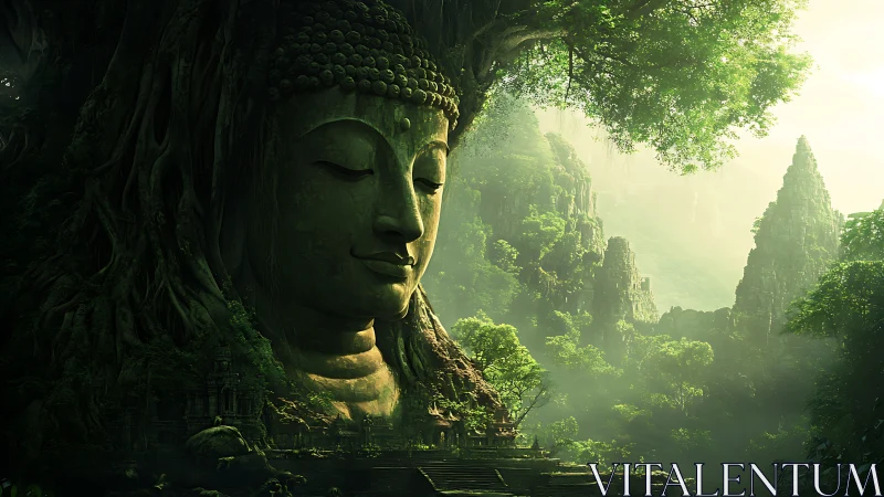 Serene stone Buddha rests within an ancient, sunlit forest