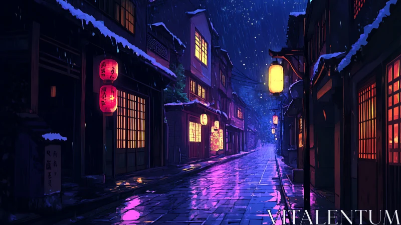 Lantern-lit snow street glows in neon dusk reflections.
