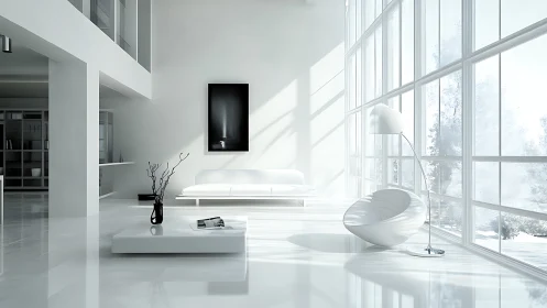 Minimalist white loft interior with panoramic glazing and light.