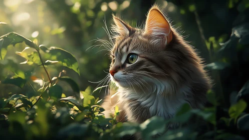 Fluffy Cat with Blue Eyes in Sunlit Garden