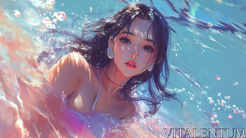 Luminous anime swimmer in refractive aquamarine surf field.