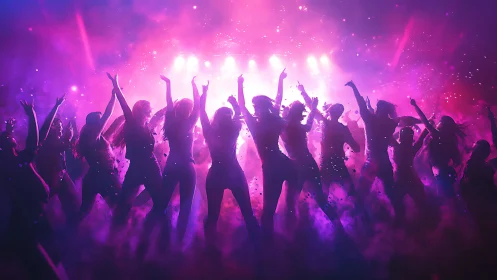 Silhouetted crowd stands under magenta and violet stage lighting