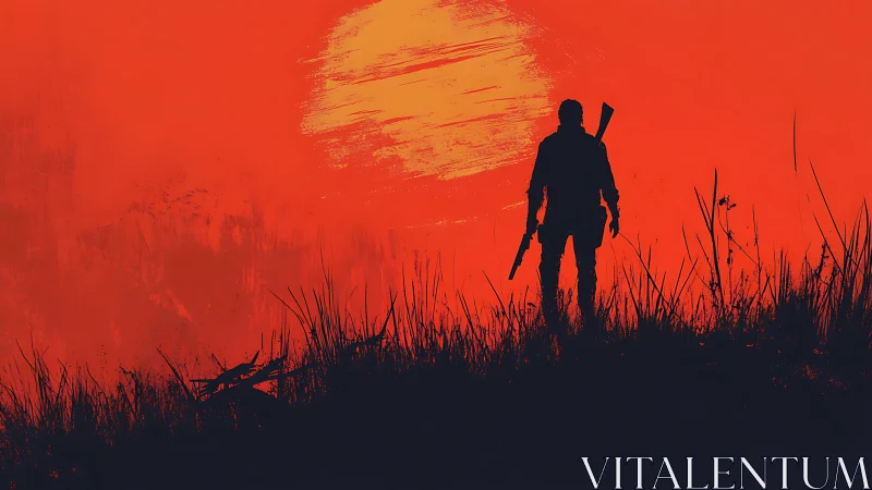 Silhouetted lone wanderer against textured crimson sunset field.