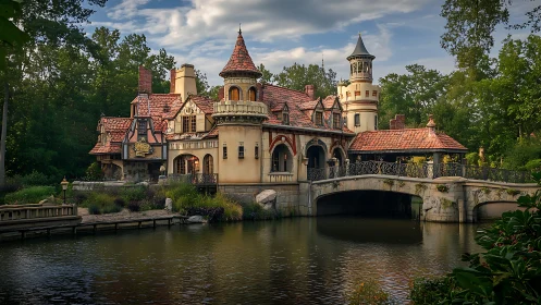 Riverside fantasy manor with turreted bridge and tiled roofs.