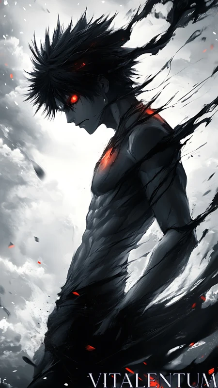 Dark anime warrior dissolving into swirling black energy.