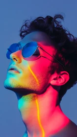 Young man in neon gradient light wearing round sunglasses.