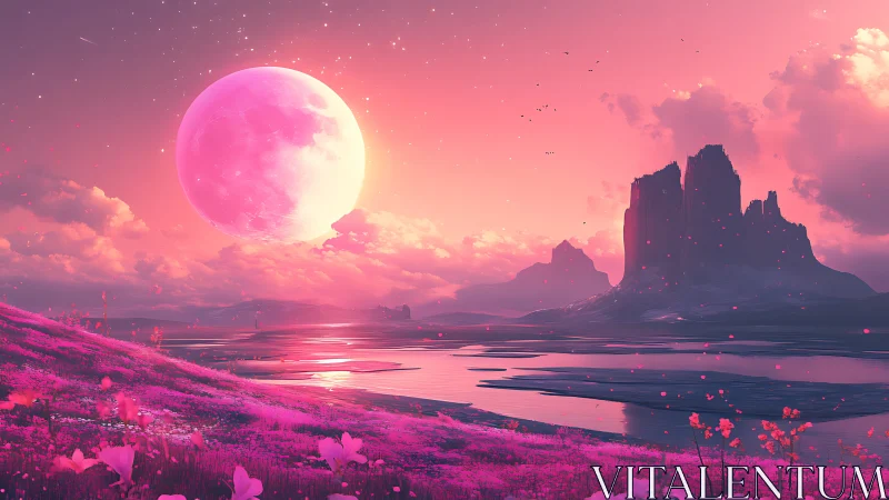 Oversized magenta moon illuminates stylized extraterrestrial valley