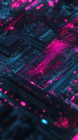 Neon lit circuit board surface shows detailed electronic layout