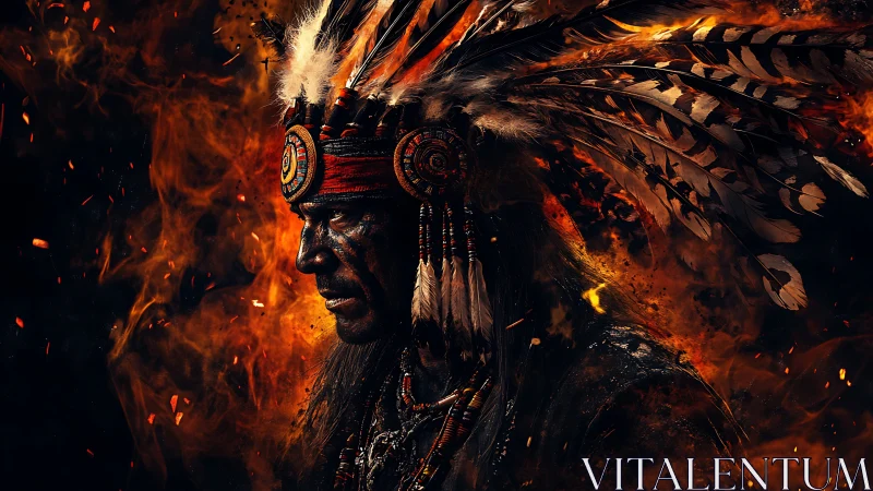 Indigenous warrior profile in feathered headdress amid embers.