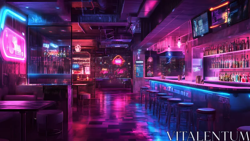 Neon-saturated cyberpunk cocktail bar with reflective chrome surfaces.
