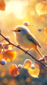 Small songbird rests on branch amid backlit autumn foliage