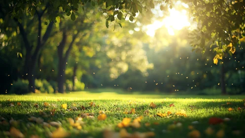 Sunlit park lawn captures falling leaves and glowing insects