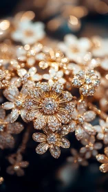 Gold diamond floral jewelry cluster in close macro view.