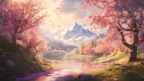 Alpine cherry blossom valley with reflective river illumination.