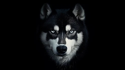 Husky dog portrait with sharp blue eyes on black background.