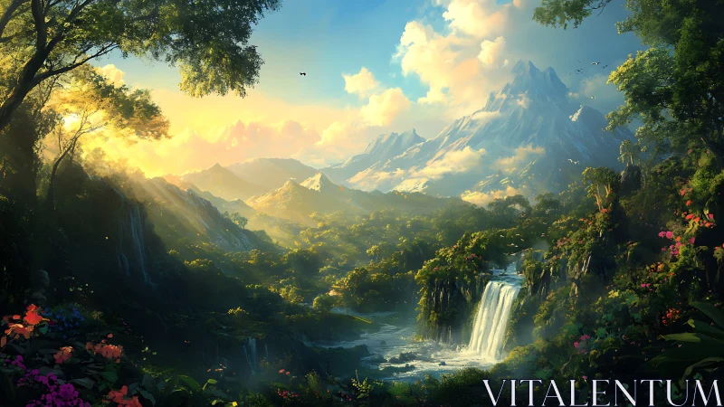 Sunlit mountain valley shows dense forest and waterfall
