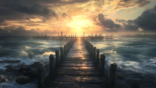 Storm-lit timber pier recedes into turbulent oceanic sunset field