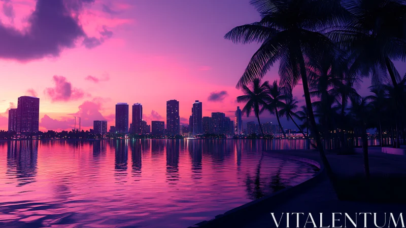 Neon sunset city skyline reflects across tranquil bay