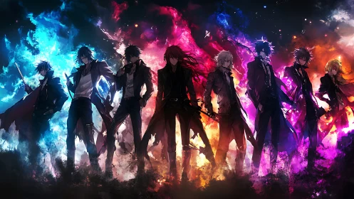 Elemental anime squad in long coats amid chromatic energy