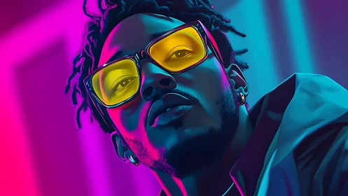 Neon-lit digital portrait renders reflective yellow-lens glasses