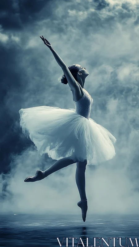 Ethereal ballerina poised en pointe in cinematic blue mist.