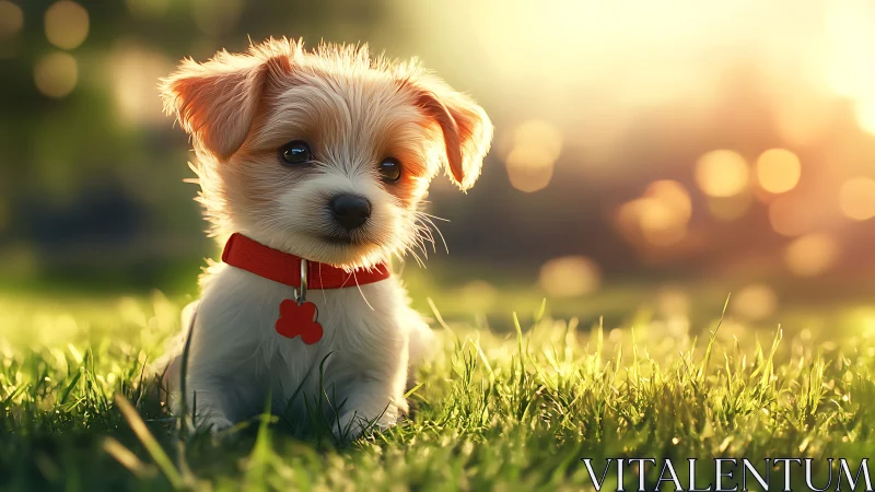 Sunlit puppy wonder with glowing grass and gentle bokeh haze.