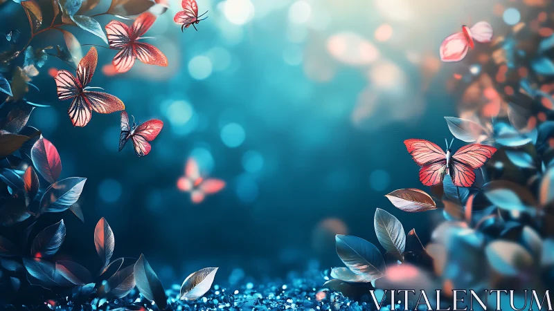 Butterflies and foliage over blue bokeh forest ground.