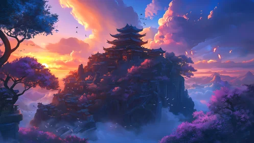 Sunset temple fortress above misty sakura mountainscape.