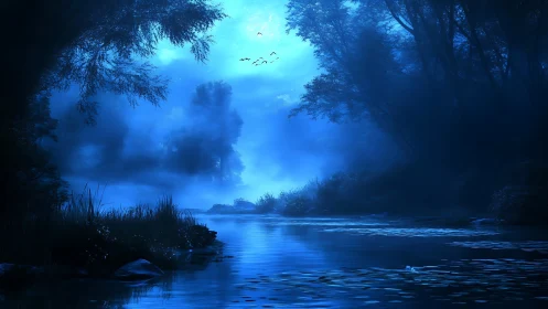 Nocturnal river landscape in blue tonal digital painting.