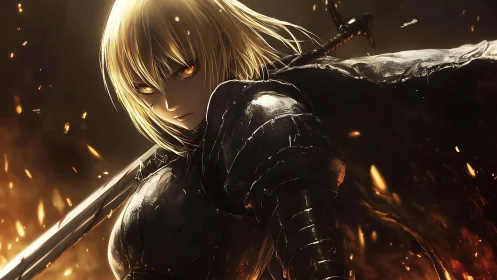 Armored blonde warrior amid ember field with specular highlights