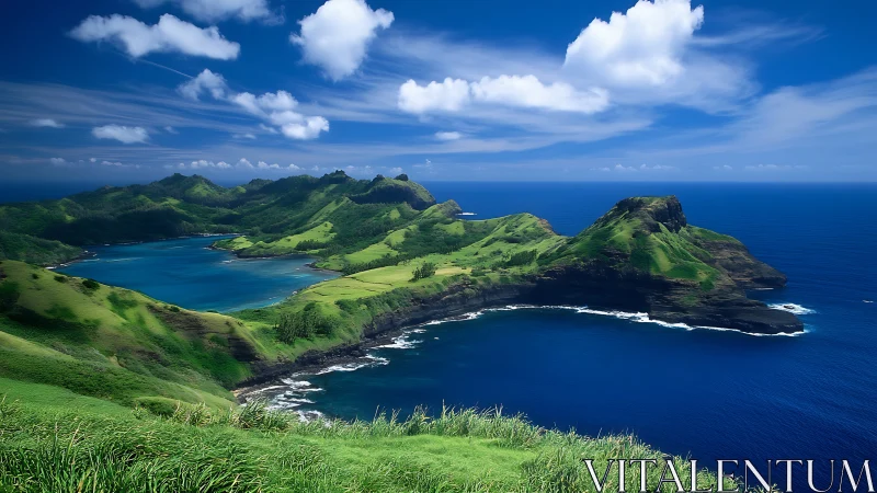 Verdant Peninsula Meeting Ocean Against Crystalline Sky.