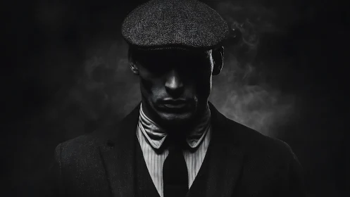 High contrast low key portrait isolates man in flat cap and suit