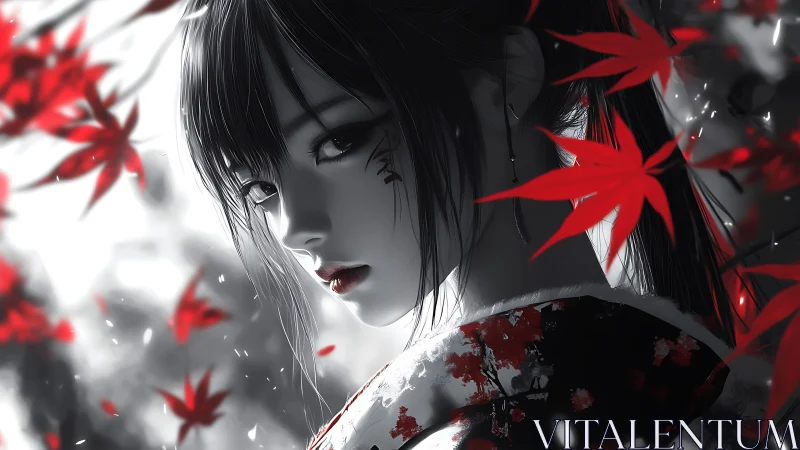 Monochrome kimono portrait with scarlet maple leaves framing gaze.