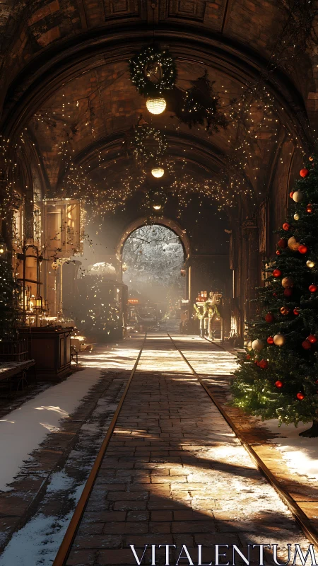 Snow-dusted arched arcade with rail tracks under warm festive lights