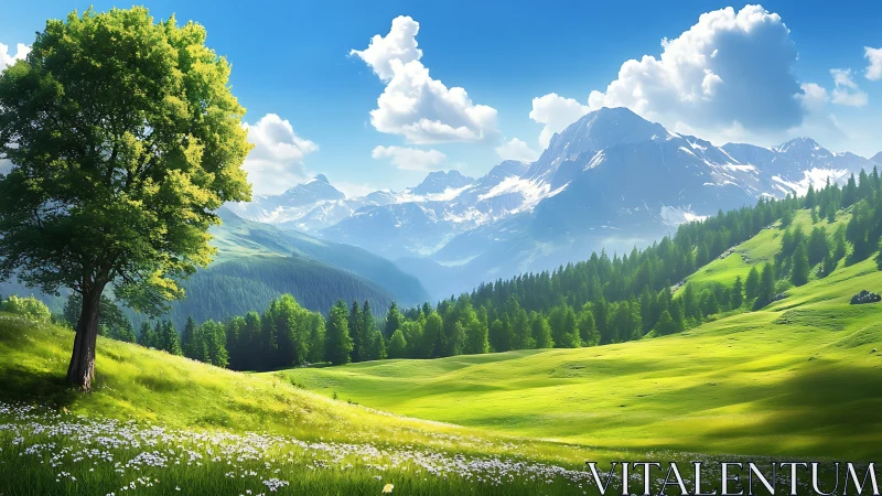 Sunlit alpine meadow with lone tree and distant snow peaks.