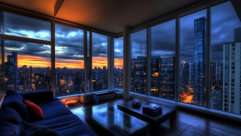 Modern high-rise living room overlooks dense city skyline