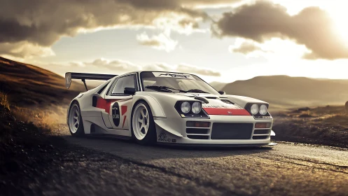 White racing car on rural road under cloudy sunset sky.