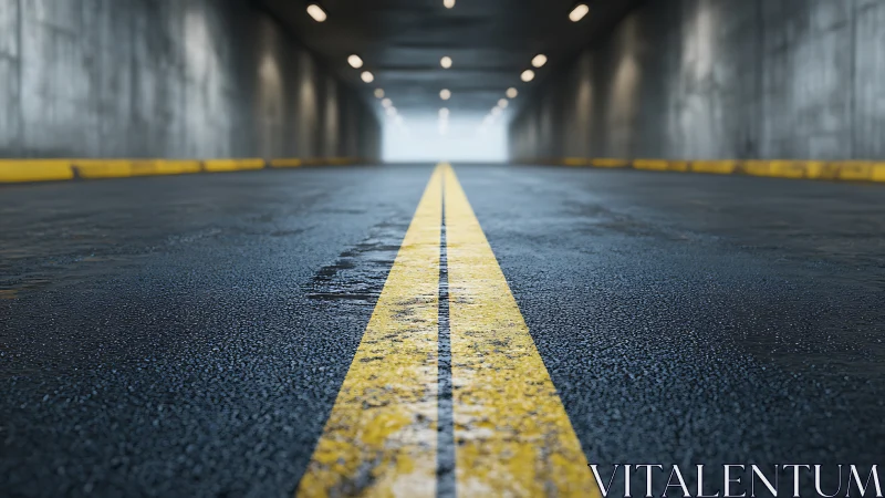 Wet asphalt tunnel road with central yellow lane marking