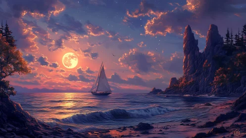 Moonlit sailboat crosses glowing waves below cliffs.