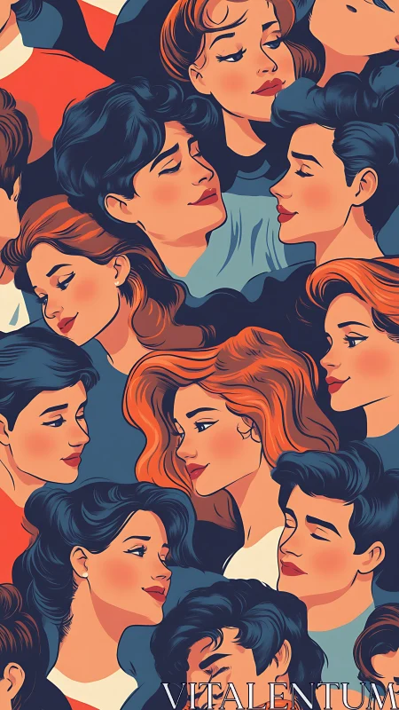 Pattern of stylized male and female faces in side profiles.