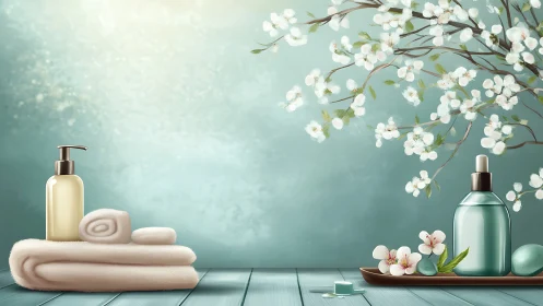 Spa skincare bottles rest under soft blooming branches
