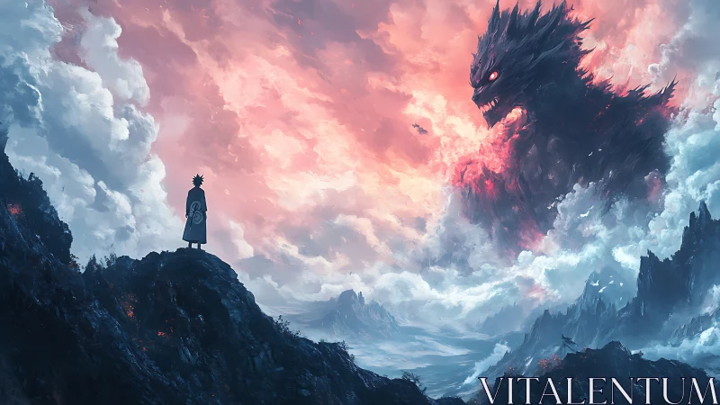 Lone warrior confronts colossal fiery beast above clouds