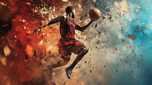 Basketball comet tears through blazing shards of sky and color